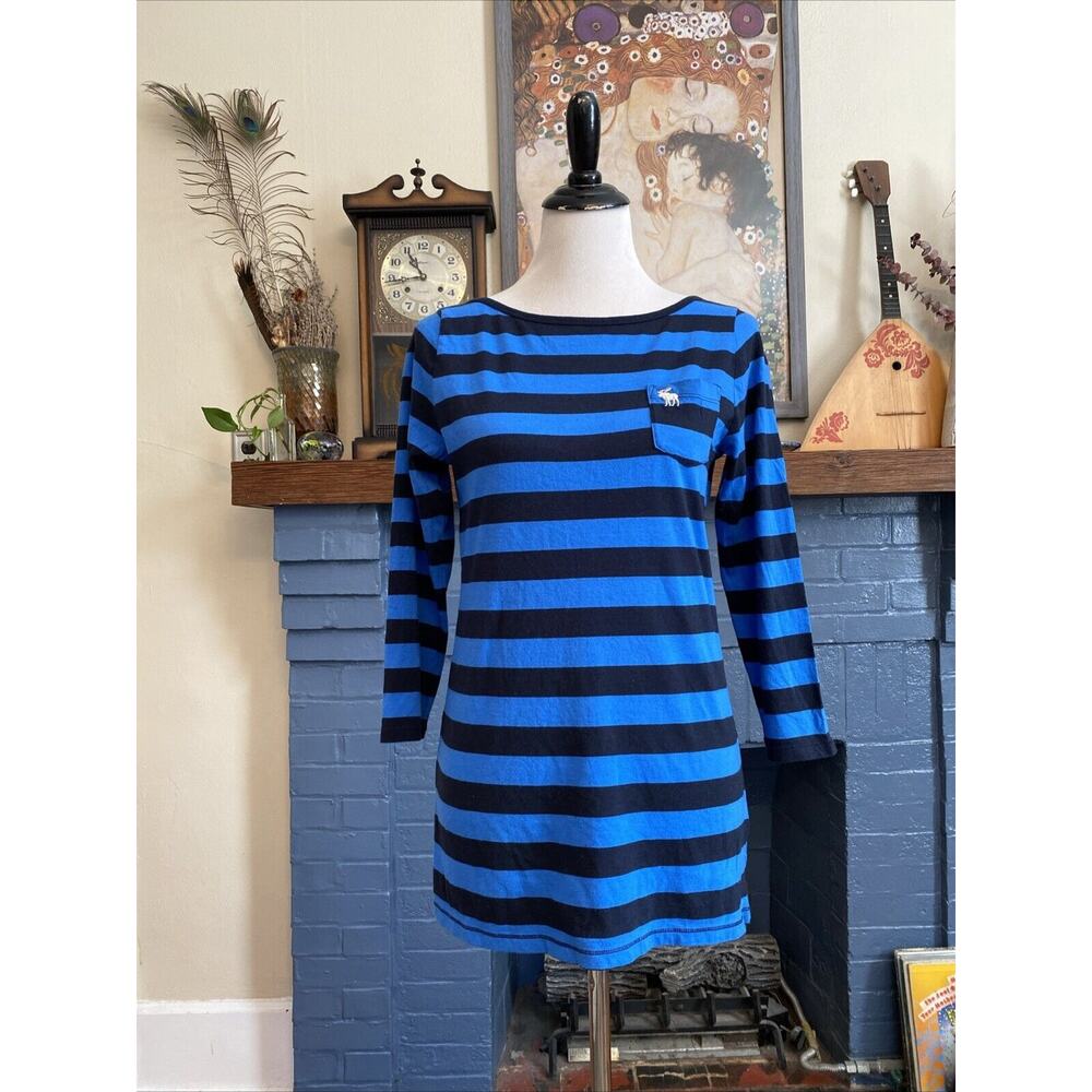 NEW Abercrombie & Fitch L Women’s Y2K Blue Striped Scoop Pocket T-shirt 90s - Picture 3 of 12